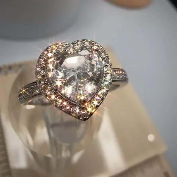 Silver Heart Cut Stone Ring with Pave Detailing Adjustable - Picture 11 of 14